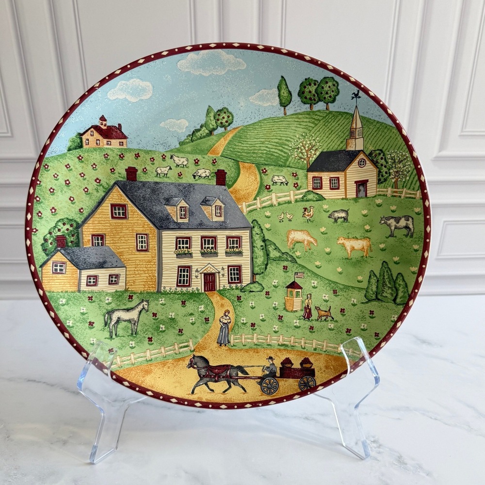 VTG 1995 Sango Green Acres Oval 10 1/2" X 11 1/4" Dinner Plate Farm Scene